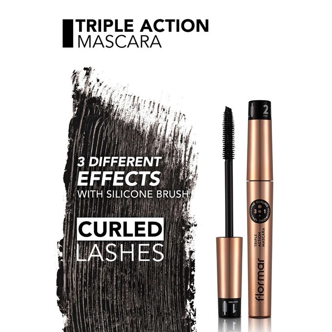 Flormar Triple Action Mascara – Length Volume & Curl Boost, Buildable Lash Impact, Smudge-Resistant All-Day Wear Eye Makeup Eye Makeup