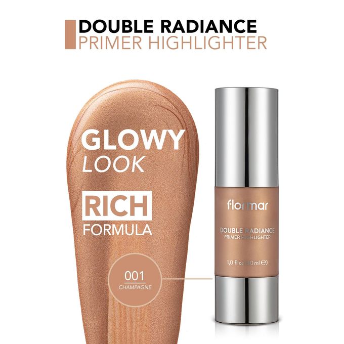 Flormar Double Radiance Primer Highlighter Champagne 2-in-1 Radiant Primer & Highlighter, Instant Glow Effect, Smooth Makeup Base
