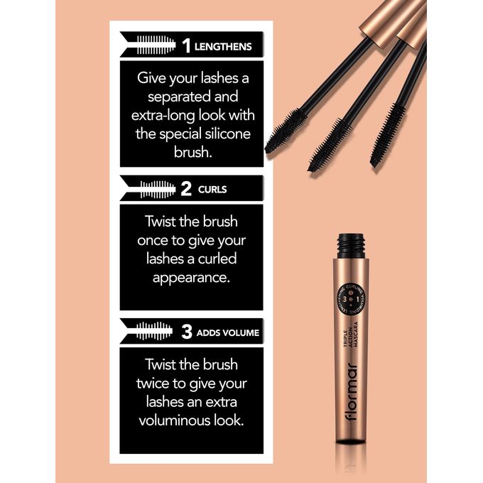 Flormar Triple Action Mascara – Length Volume & Curl Boost, Buildable Lash Impact, Smudge-Resistant All-Day Wear Eye Makeup Eye Makeup