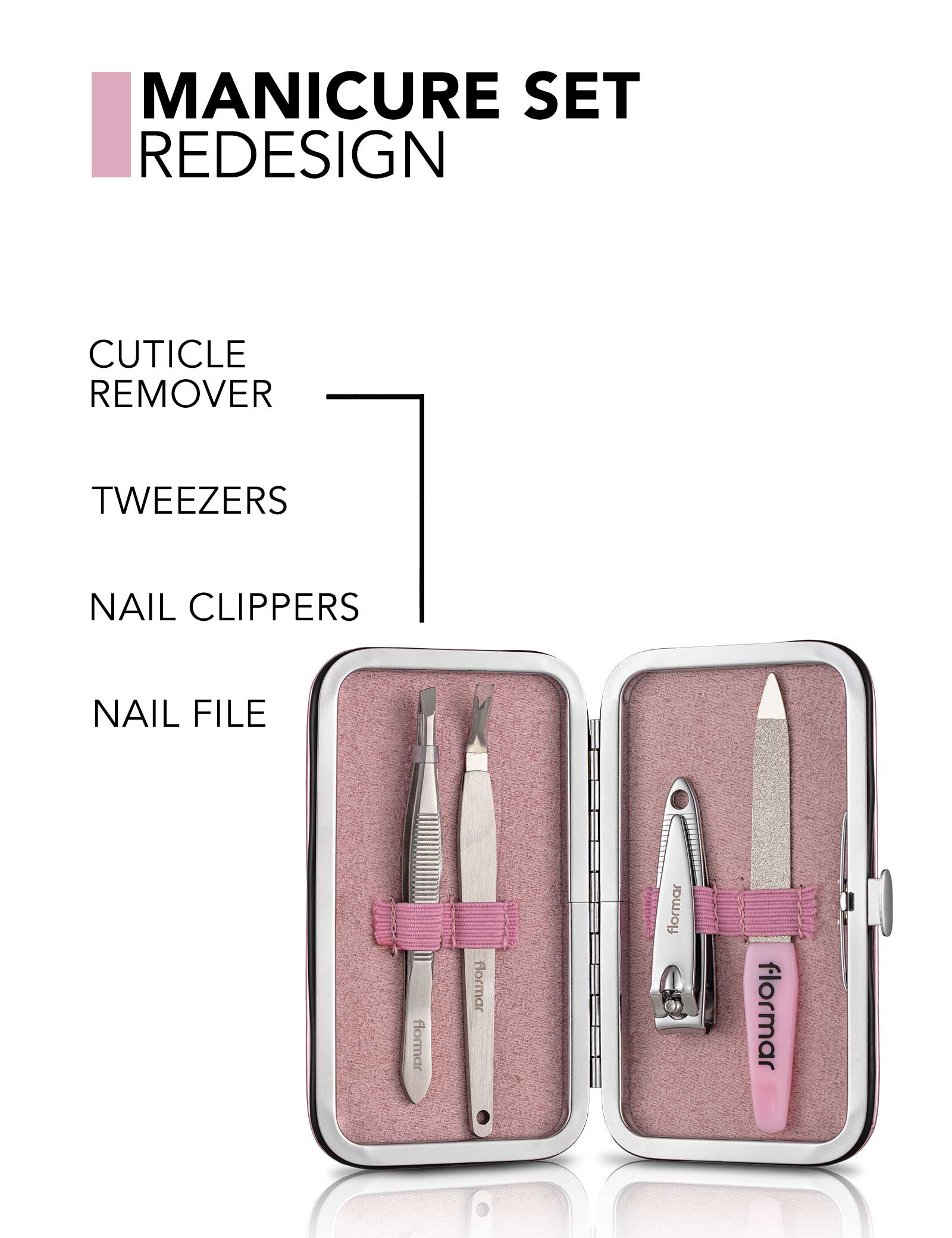Flormar Manicure Set 4-Piece Kit with Cuticle Remover, Tweezers, Nail Clippers & File, Chic Case Nail Care Kit