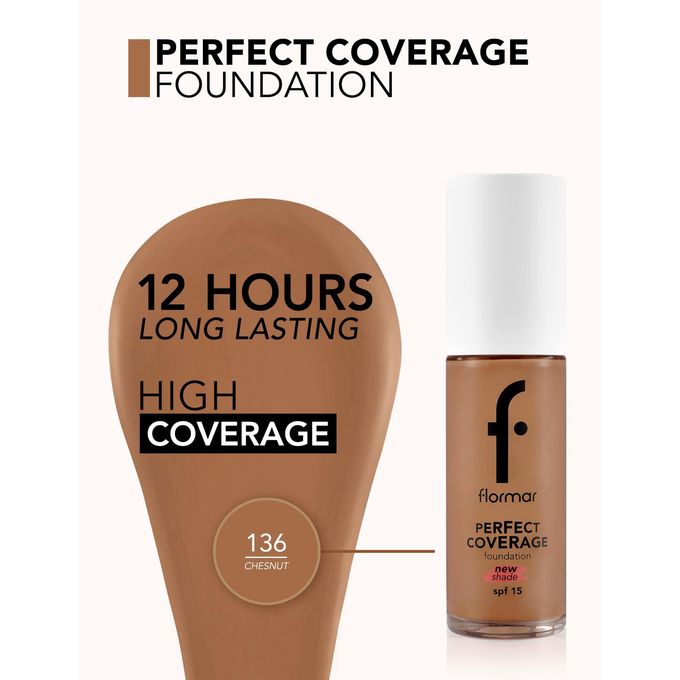 Flormar Perfect Coverage Foundation Soft Rich Texture, Smooth-Looking Skin, Up to 12H Fresh Wear, SPF 15 Makeup