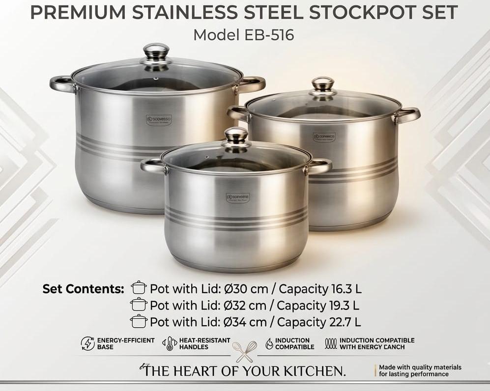 EDENBERG 6PCS STAINLESS STEEL COOKWARE SET

Upgrade your kitchen with this durable and stylish cookware set, designed for everyday cooking.

• 6-piece stainless steel cookware set
• Strong and durable
