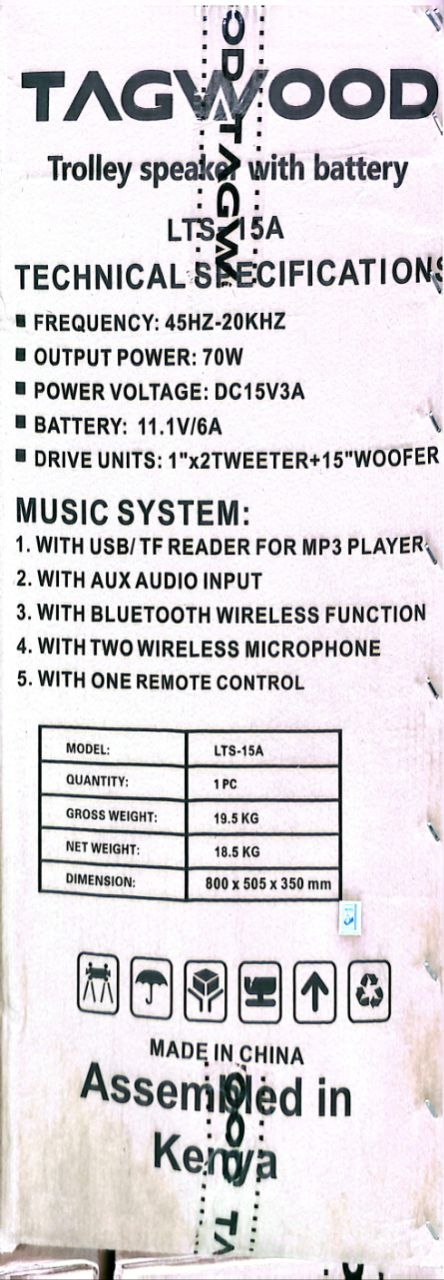 TAGWOOD LTS-15A Rechargeable 15-Inch Trolley Speaker with Dual Wireless Microphones, Bluetooth, USB/TF, AUX & Remote Control – 70W Output