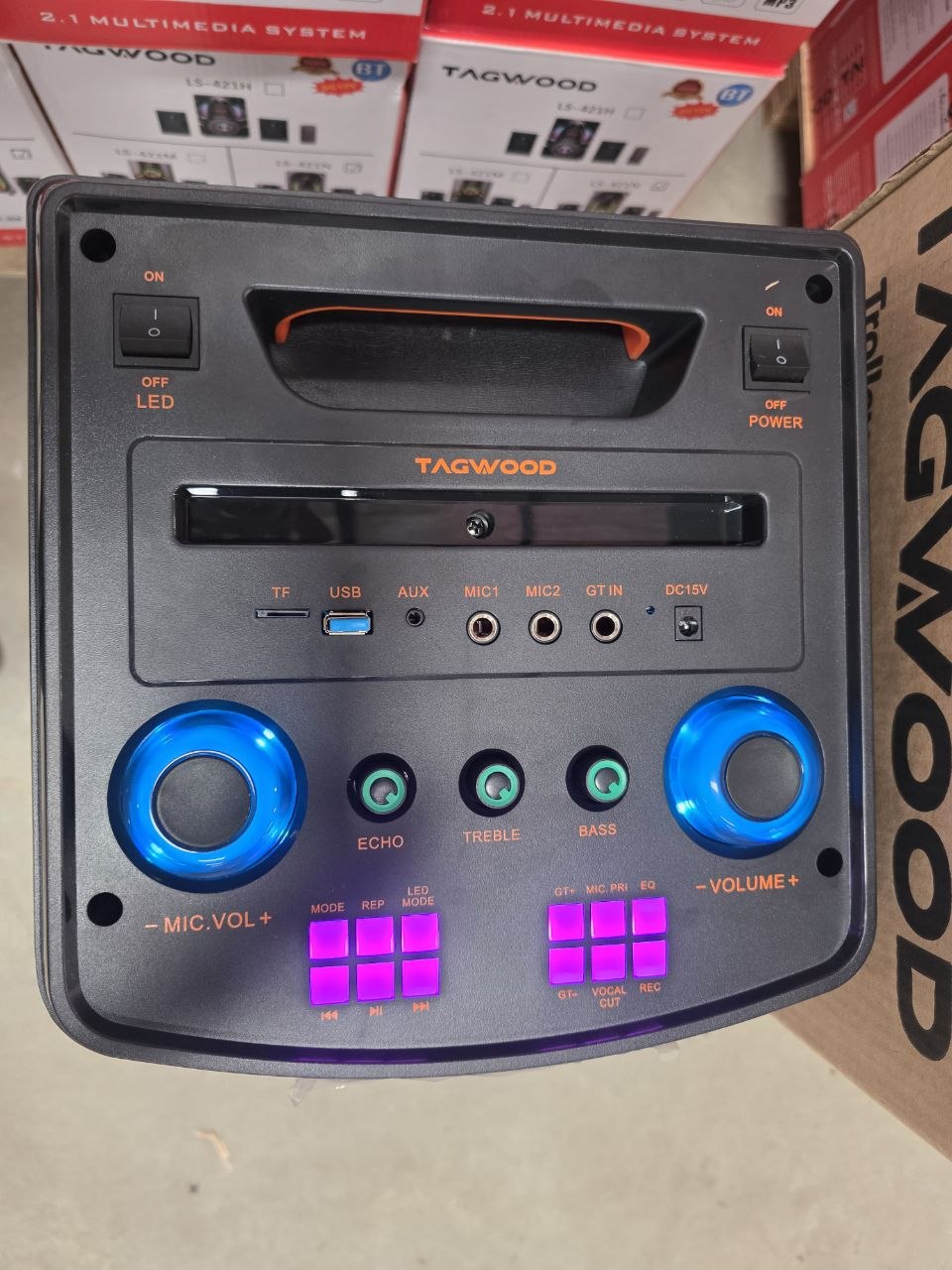 TAGWOOD LTS-8B Rechargeable Trolley Speaker with Dual 8-Inch Woofers, Bluetooth, USB/TF, Wireless Microphone & LED Lights