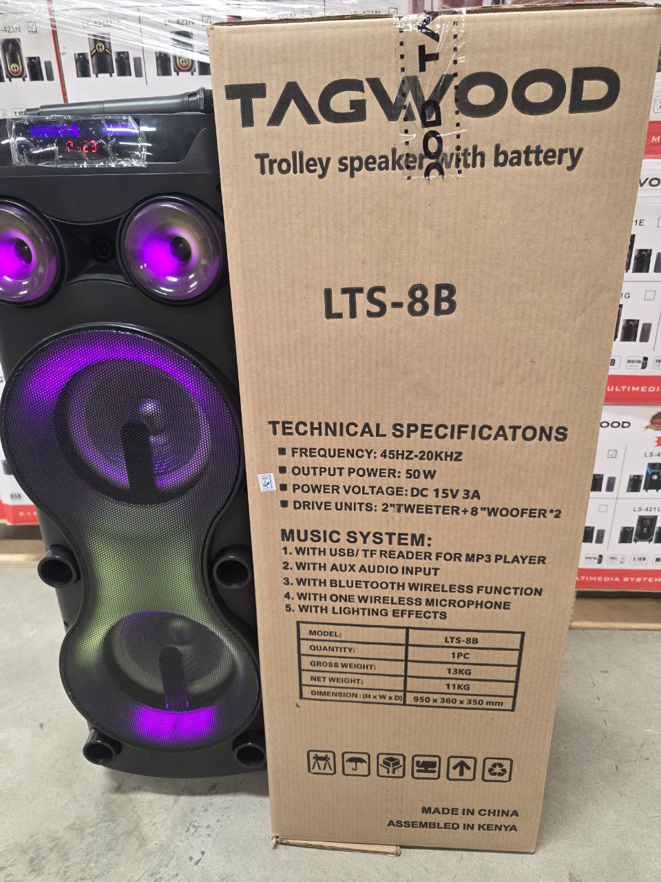 TAGWOOD LTS-8B Rechargeable Trolley Speaker with Dual 8-Inch Woofers, Bluetooth, USB/TF, Wireless Microphone & LED Lights