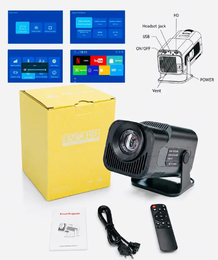 HY320 Mini Smart Projector 📽️✨ | Android WiFi 6 & Bluetooth 5.0 | Native HD 720P, 4K Supported 🎬 | Auto Keystone | 180° Rotatable Portable Home Cinema Projector 🏠