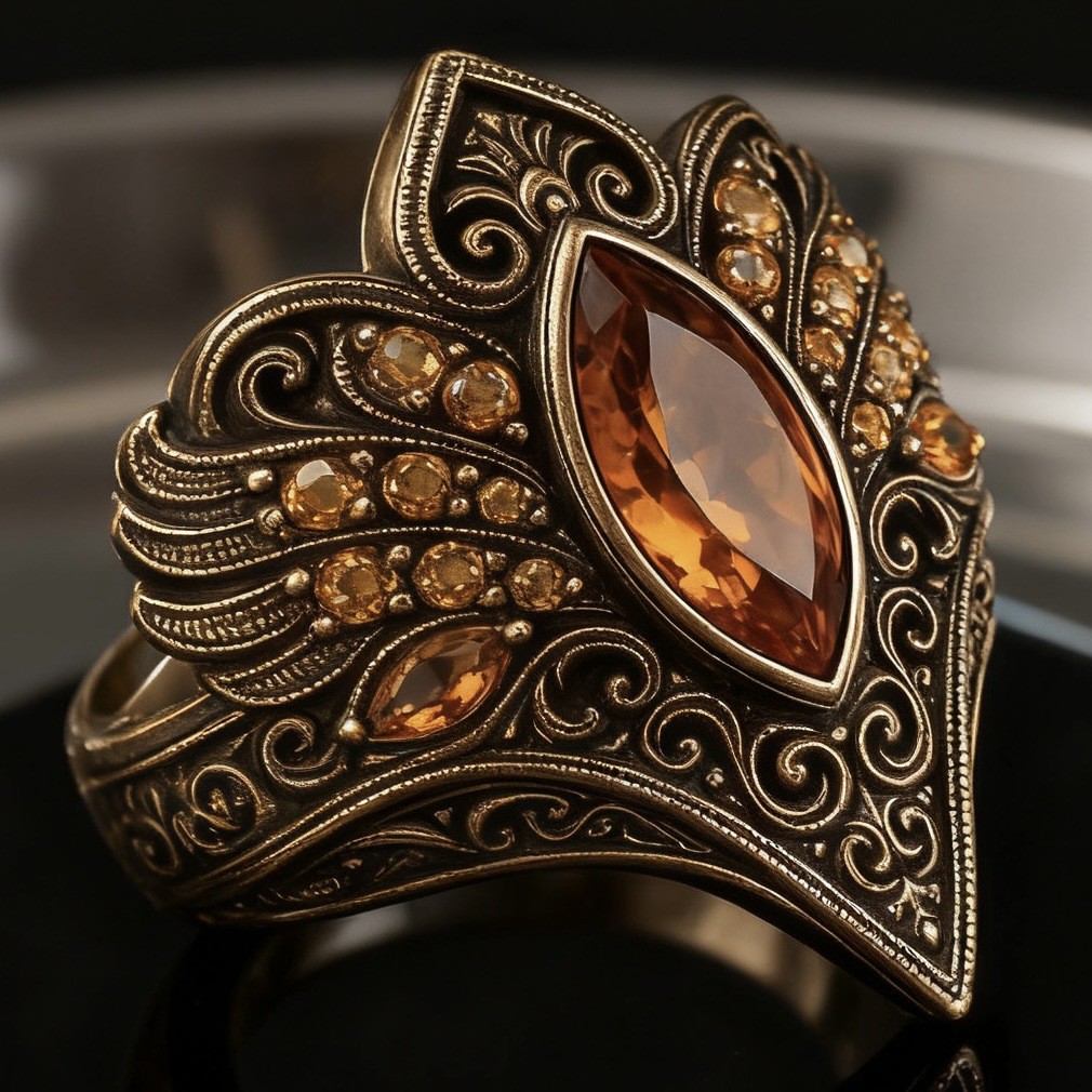 2026 New Environmentally Friendly Alloy Ring, Champagne Diamond Women'S Ring, Retro Engraved Gold Jewelry