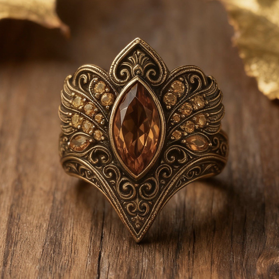 2026 New Environmentally Friendly Alloy Ring, Champagne Diamond Women'S Ring, Retro Engraved Gold Jewelry