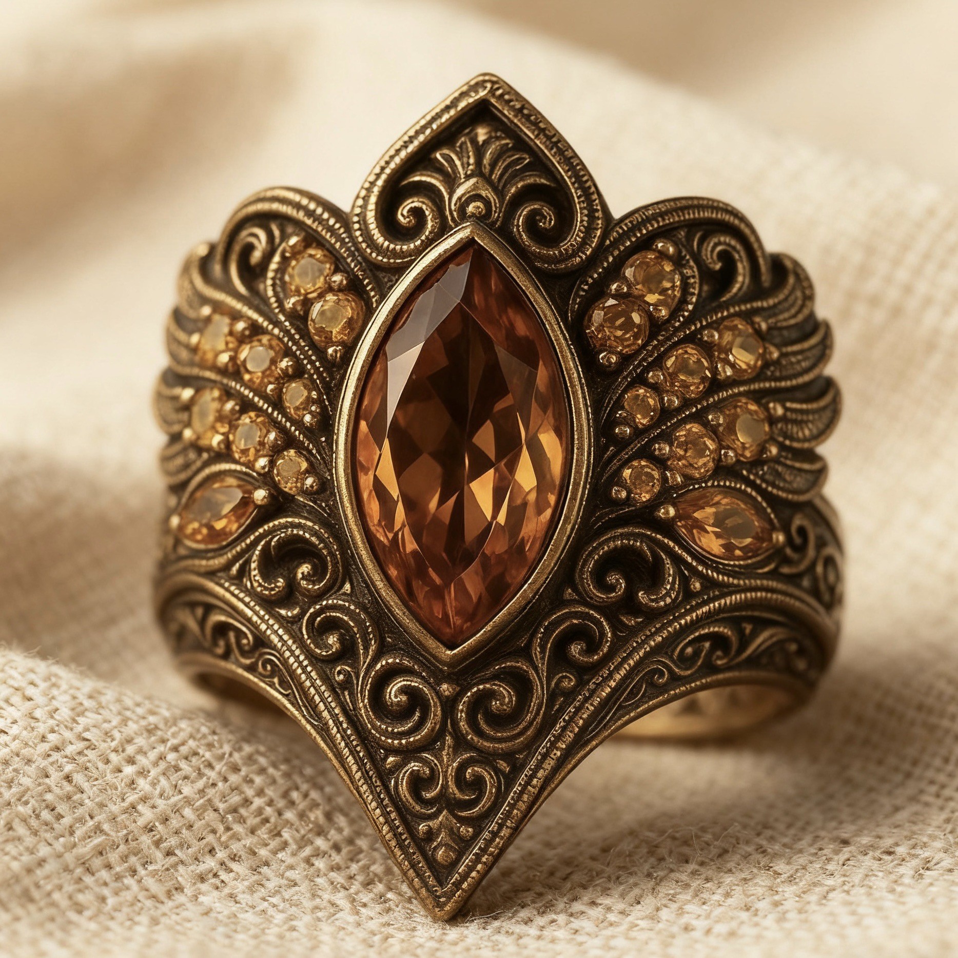 2026 New Environmentally Friendly Alloy Ring, Champagne Diamond Women'S Ring, Retro Engraved Gold Jewelry