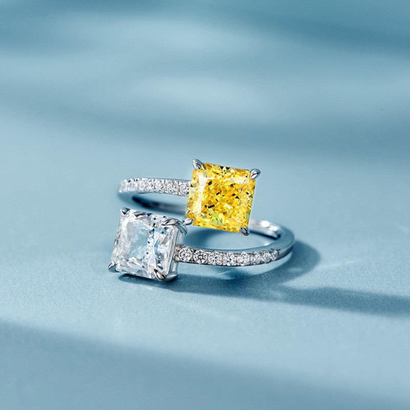 High-Quality Four-Clawed Princess Sugar Cube Ring, Double Main Stone Contrasting Color Opening Adjustable Ring