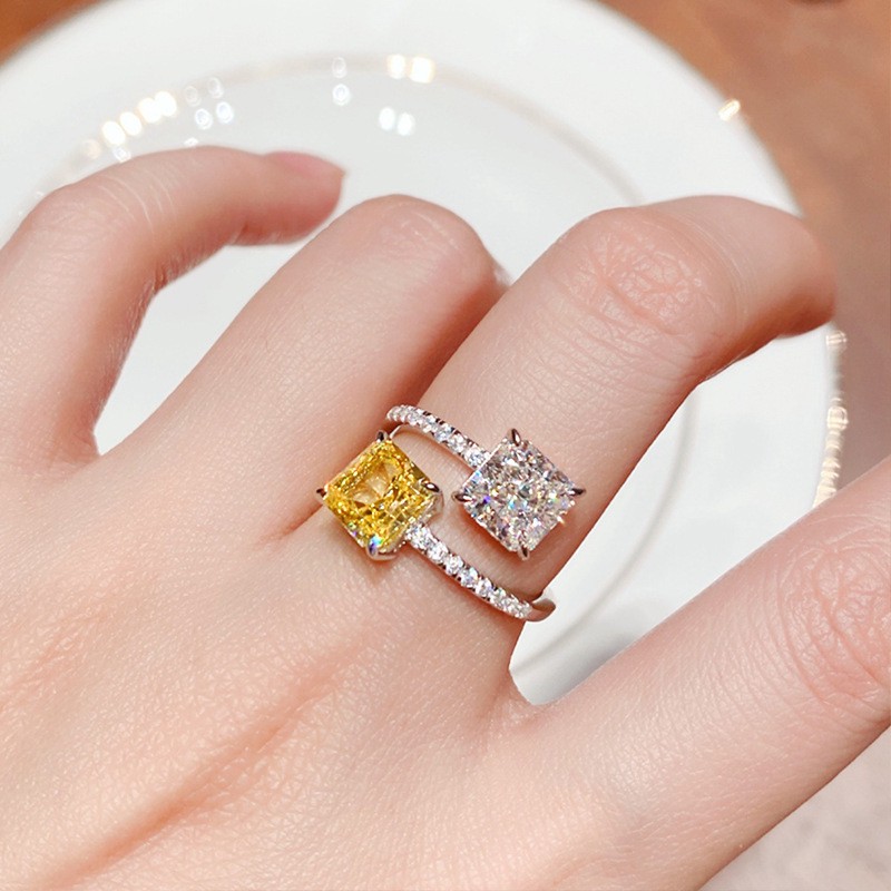 High-Quality Four-Clawed Princess Sugar Cube Ring, Double Main Stone Contrasting Color Opening Adjustable Ring