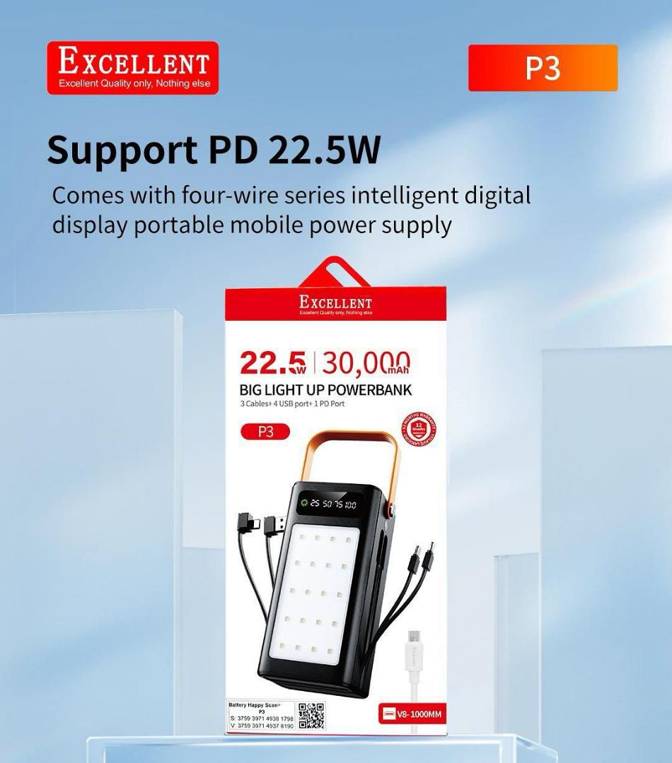 Excellent 30000mAh Fast Charging Power Bank | PD 22.5W | Built-in Cables | LED Display | Camping Light
