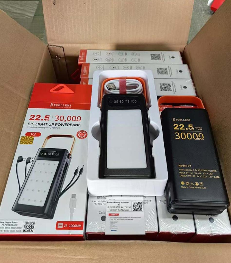 Excellent 30000mAh Fast Charging Power Bank | PD 22.5W | Built-in Cables | LED Display | Camping Light
