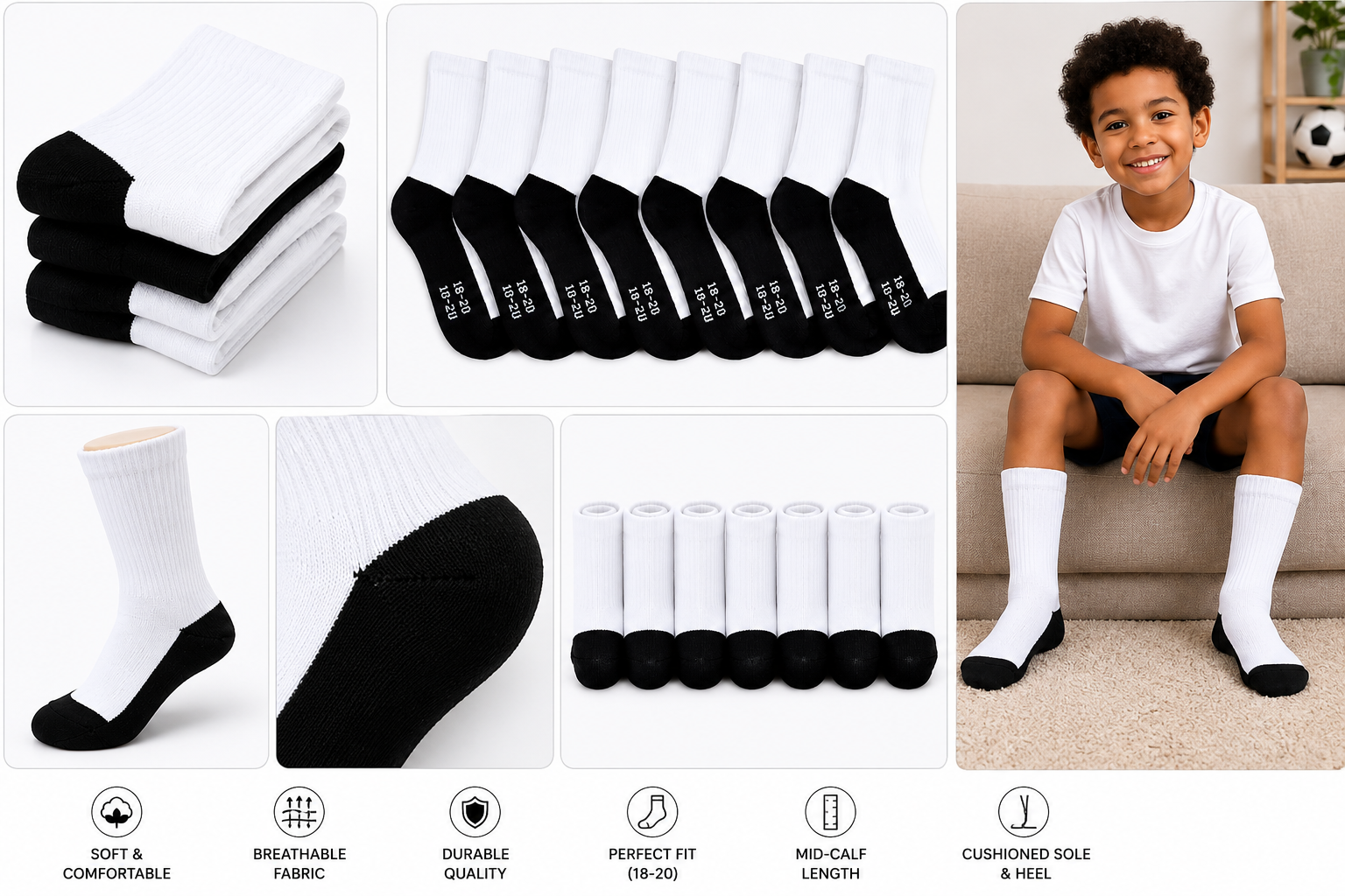 Kids School socks – Black Sole & Heel, White Cotton Crew Socks