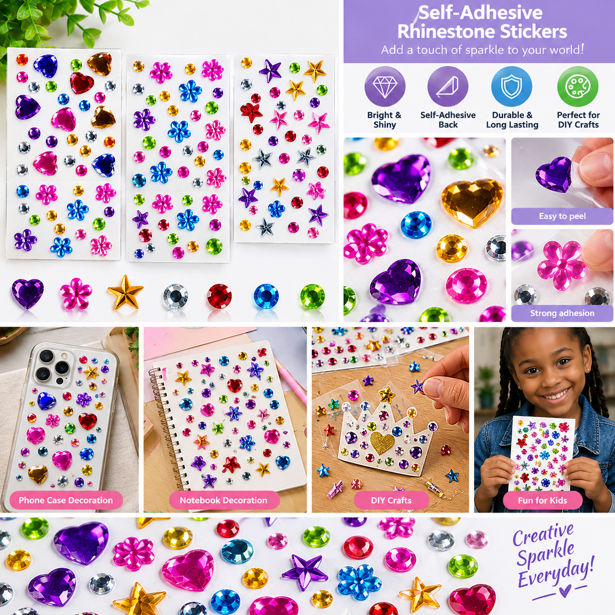 3 Sheets Crystal Gem Stickers Self-Adhesive - DIY Face & Craft Stickers