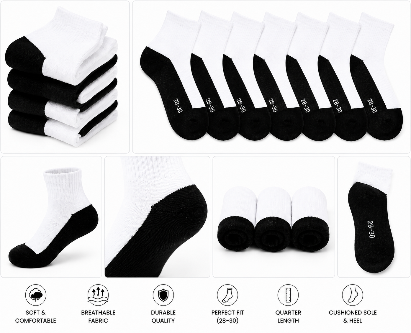 Kids School socks – Black Sole & Heel, White Cotton Crew Socks
