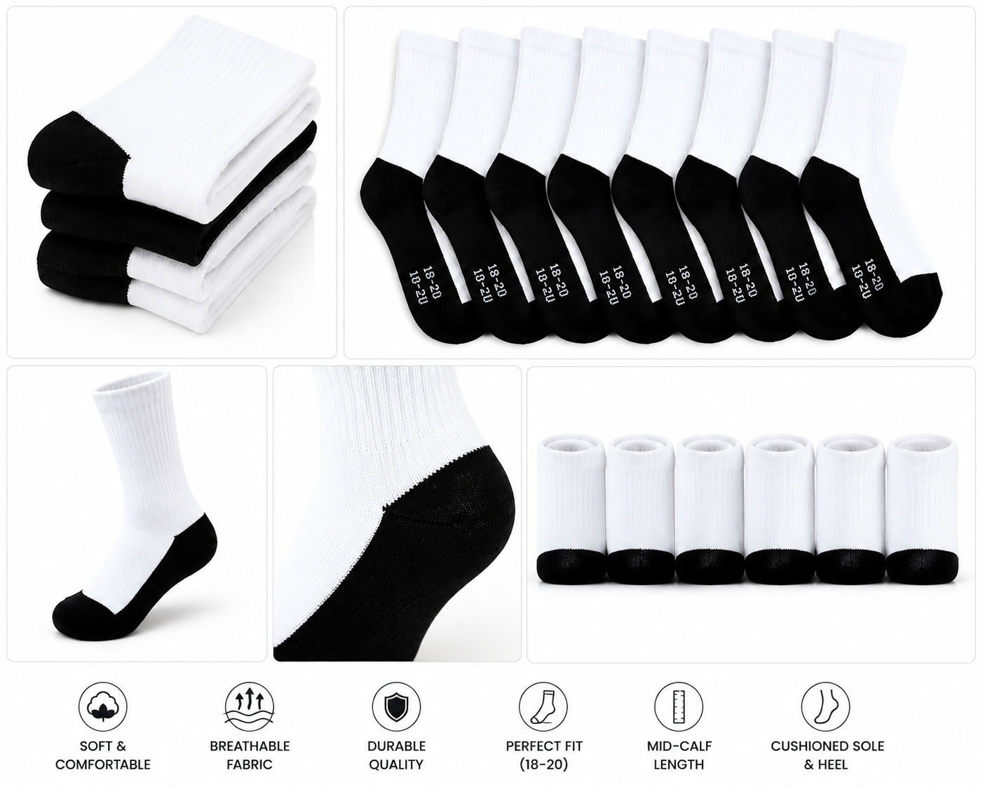 Kids School socks – Black Sole & Heel, White Cotton Crew Socks