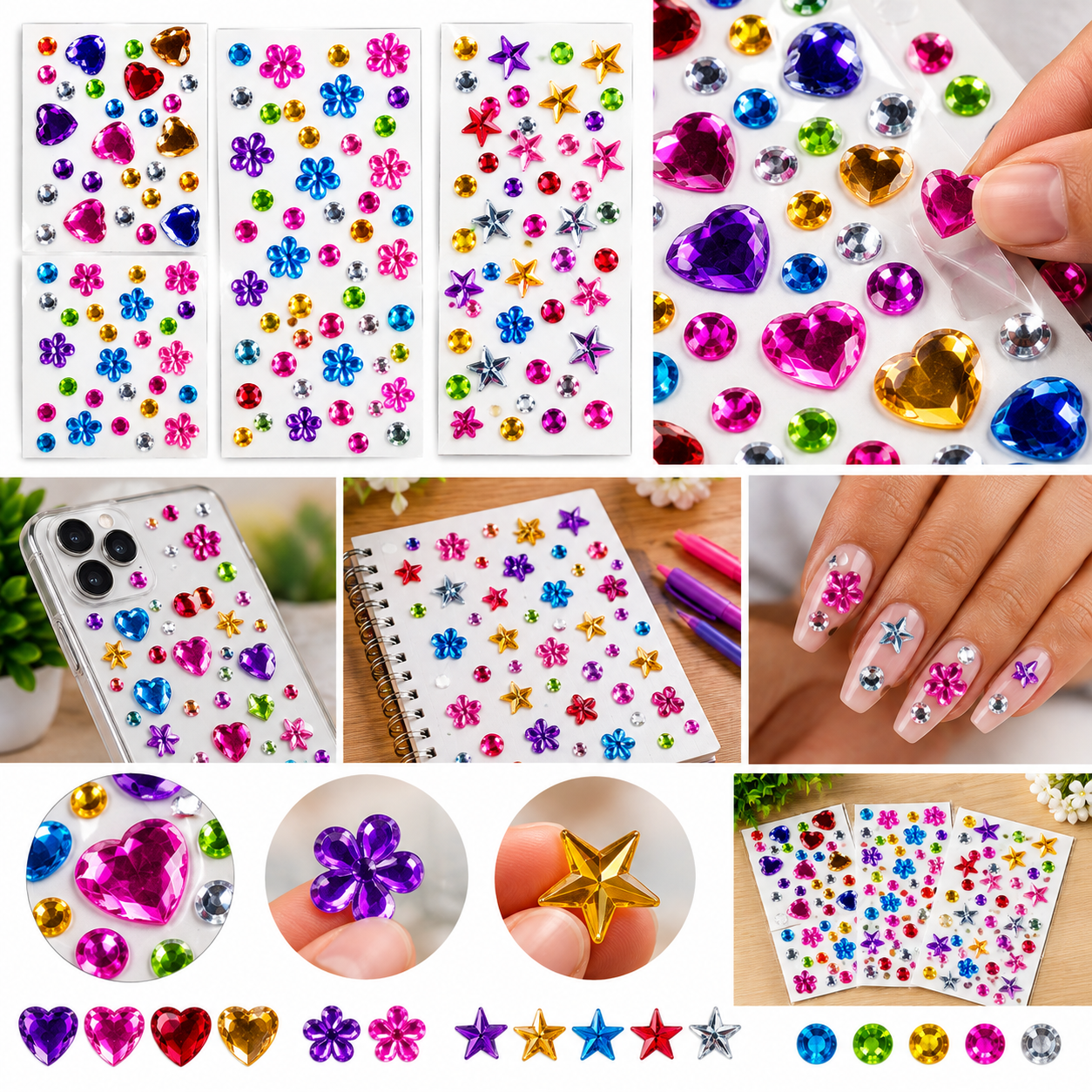 3 Sheets Crystal Gem Stickers Self-Adhesive - DIY Face & Craft Stickers
