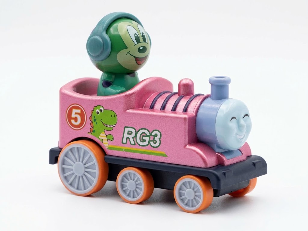 Pink Steam Train Toy with Cartoon Character & Dinosaur Decals