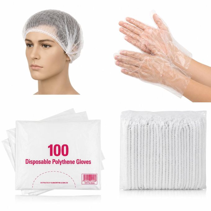 Disposable Hair Nets 100 Pack + Polythene Gloves 100 Pack Hygiene Combo Set