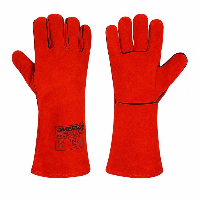 Red Leather Welding Gloves 16-Inch – Cow Split Leather, Welted Seams & Cotton Lined Palm