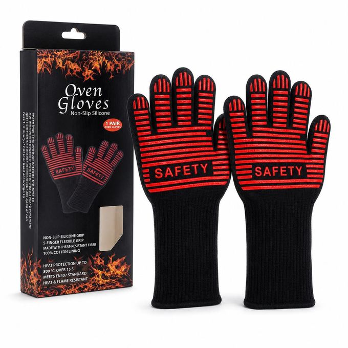 Black & Red Heat Resistant Oven Gloves – Non-Slip Silicone Grip, 1 Pair