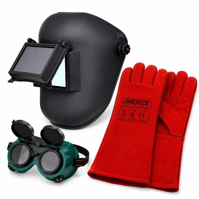 3-Piece Welding Safety Kit With Heavy Duty Helmet, Flip-Up Goggles & 16-Inch Leather Gloves