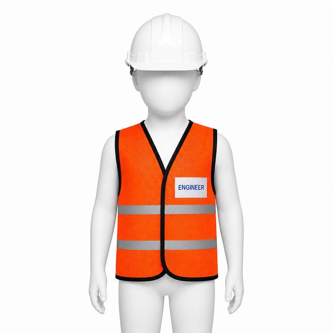 Kids Engineer Role Play Set With White Helmet And Orange Reflective Vest - Ages 3 To 14 Years