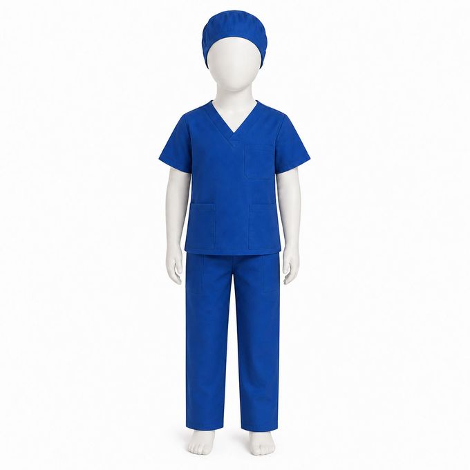 Kids Blue Medical Scrub Set With Matching Cap - Ages 3 To 14 Years