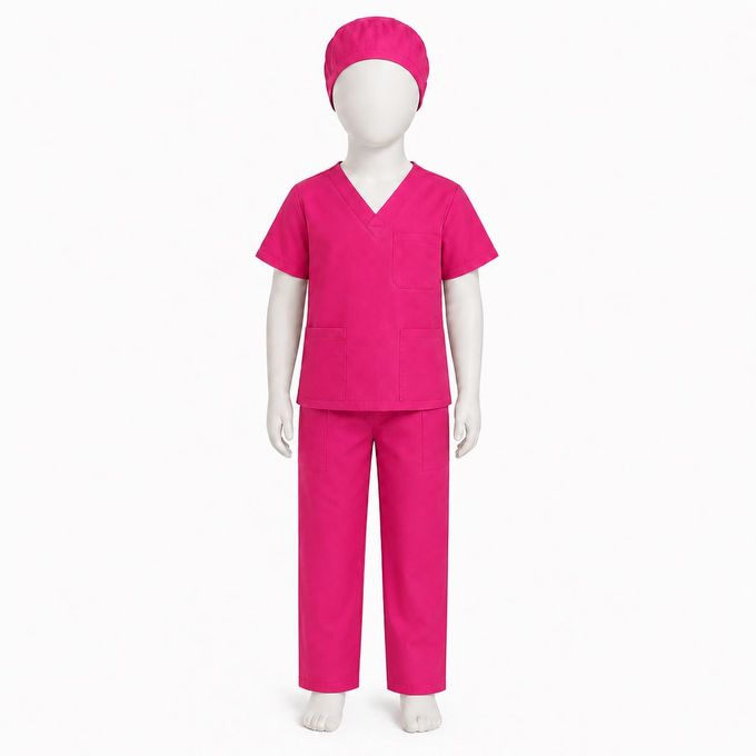 Kids Pink Medical Scrub Set With Matching Cap - Ages 3 To 14 Years