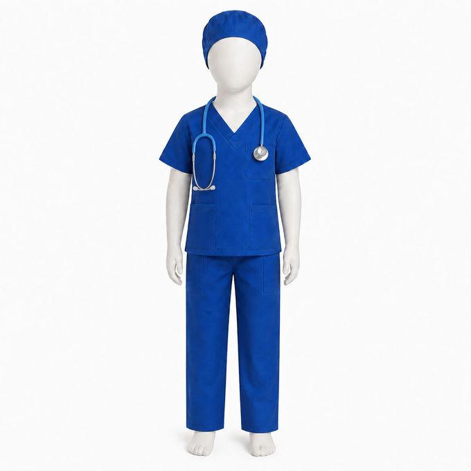 Kids Blue Medical Scrub Set With Student Stethoscope And Matching Cap - Ages 3 To 14 Years