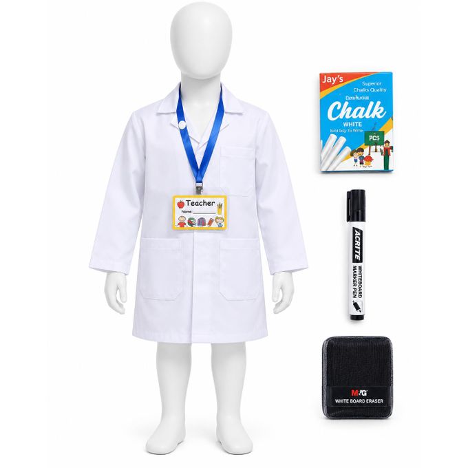 Kids Teacher Role Play Set With White Dustcoat, Name Tag, Chalks, Whiteboard Marker And Duster - Ages 3 To 14 Years