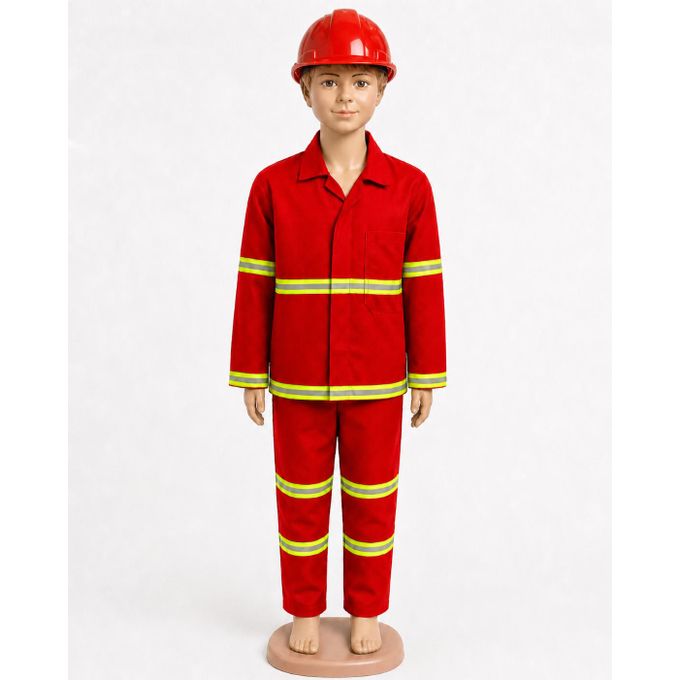 Kids Firefighter Role Play Costume Set With Reflective Top, Trouser And Red Helmet - Ages 3 To 14 Years