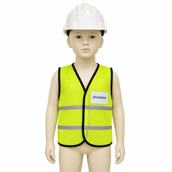Kids Engineer Role Play Set With White Helmet And Green Reflective Vest - Ages 3 To 14 Years