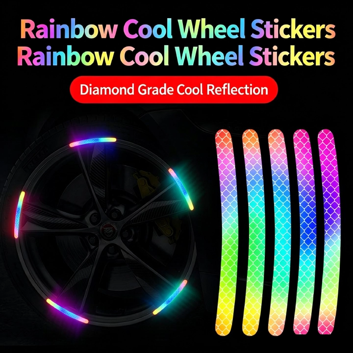 20Pcs Rainbow Laser Reflective Wheel Rim Stickers Universal Night Safety Warning Decals For Motorcycle Car E-Bike Bicycle Waterproof Self-Adhesive Hub Decor Strips