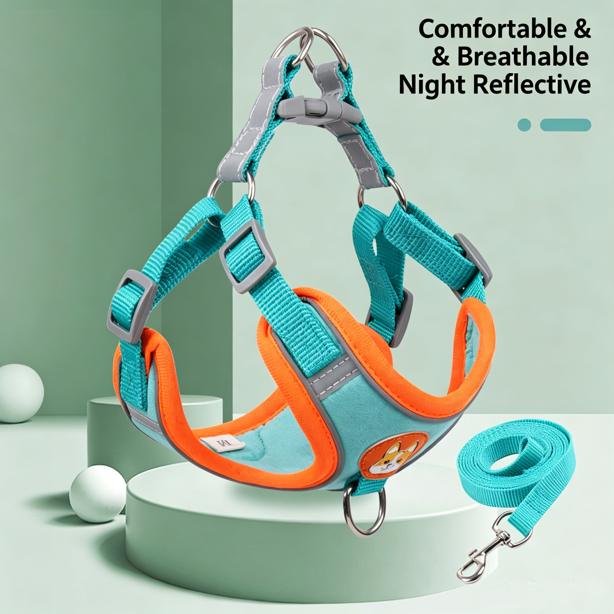 Pet harness and leash set, night reflective dog harness, D-ring adjustable pet walking leash, suitable for small and medium puppies, Teddy dogs, Bichon Frise, etc. daily walks and training.