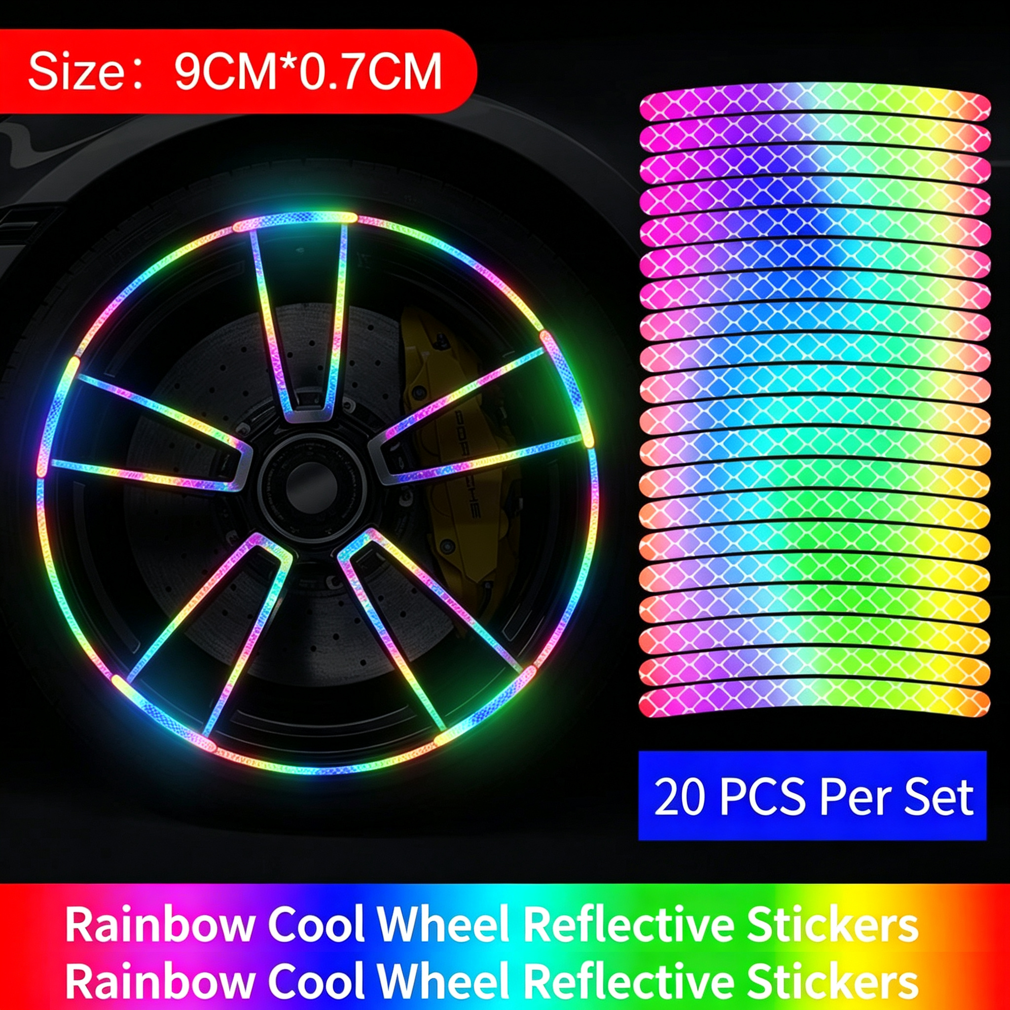 20Pcs Rainbow Laser Reflective Wheel Rim Stickers Universal Night Safety Warning Decals For Motorcycle Car E-Bike Bicycle Waterproof Self-Adhesive Hub Decor Strips