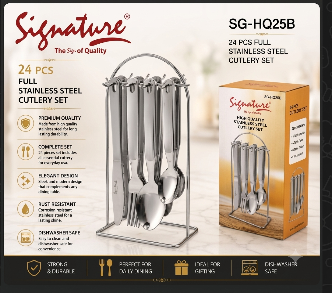 Signature 24-piece full cutlery set, Model-SG-HQ25B High Quality Stainless steel. Complete set with a storage stand, rust-resistant stainless steel and Mirror-polished finish.