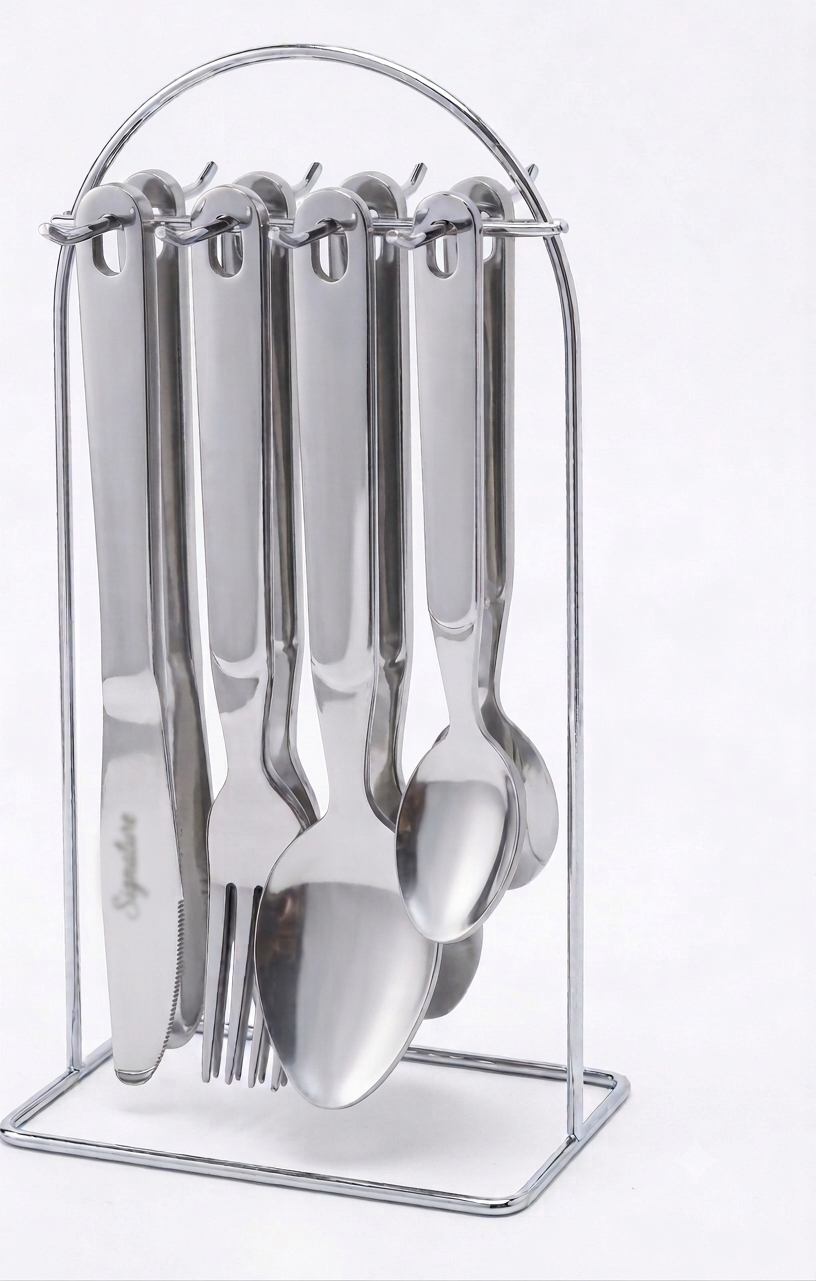 Signature 24-piece full cutlery set, Model-SG-HQ25B High Quality Stainless steel. Complete set with a storage stand, rust-resistant stainless steel and Mirror-polished finish.