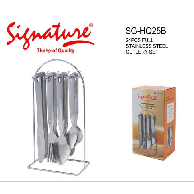 Signature 24-piece full cutlery set, Model-SG-HQ25B High Quality Stainless steel. Complete set with a storage stand, rust-resistant stainless steel and Mirror-polished finish.