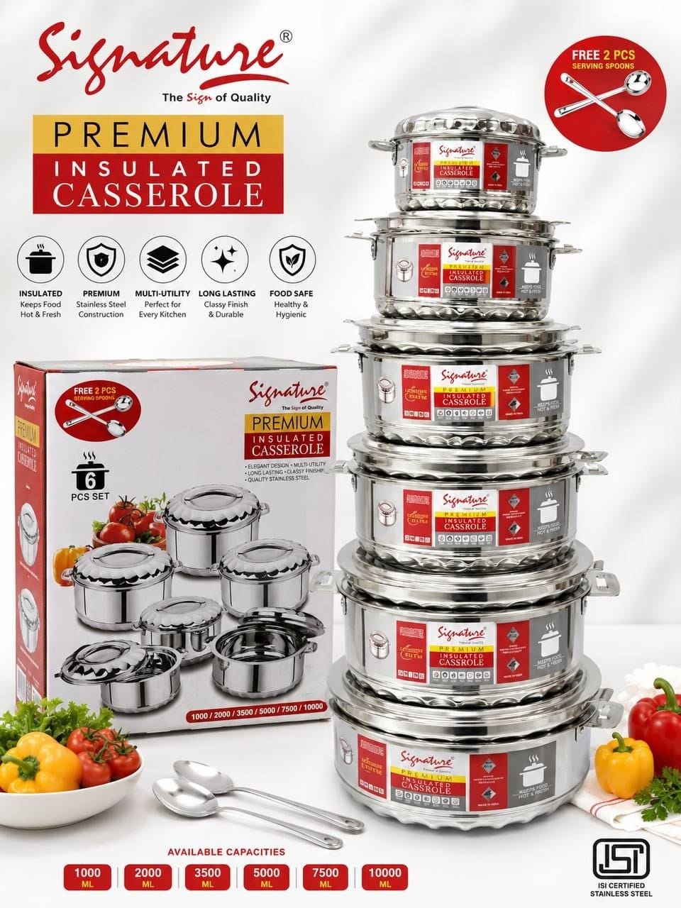 Signature Jowel Premier 6Pcs Stainless Steel Food Warmer Casserole Set (1L-10L) + Free Beater