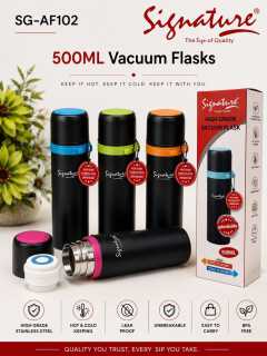 Signature 500ml Unbreakable Stainless Steel Vacuum Flask (Model: SG-AF102) – Hot & Cold Thermal Travel Water Bottle with Drinking Cup