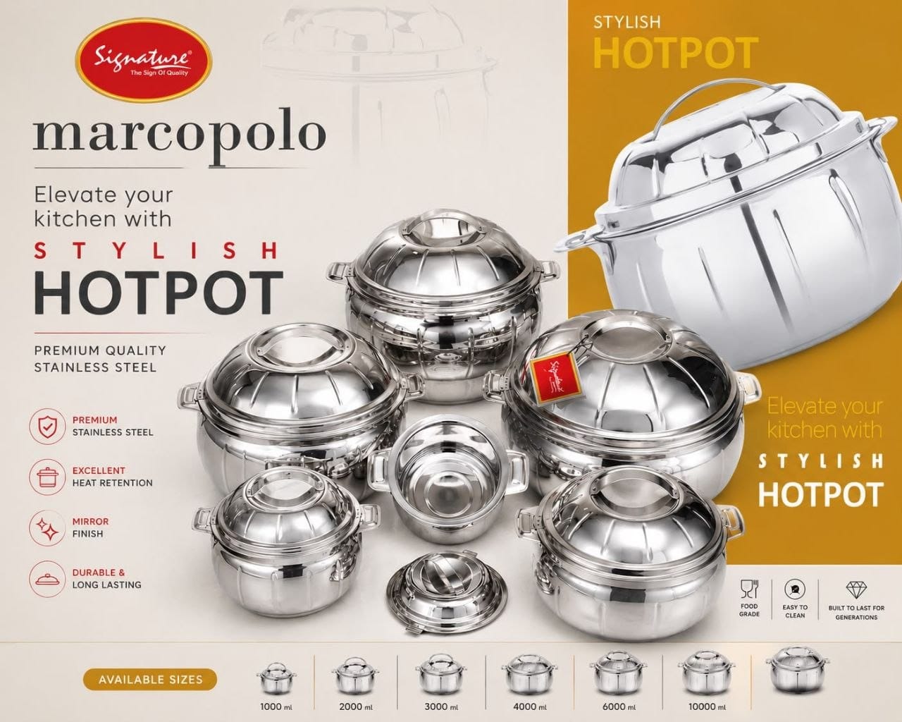Signature Marcopolo 6-Piece Stainless Steel Insulated Hotpot Set (1000ml, 2000ml, 3000ml, 4000ml, 6000ml, 10000ml) – Thermal Casserole Server