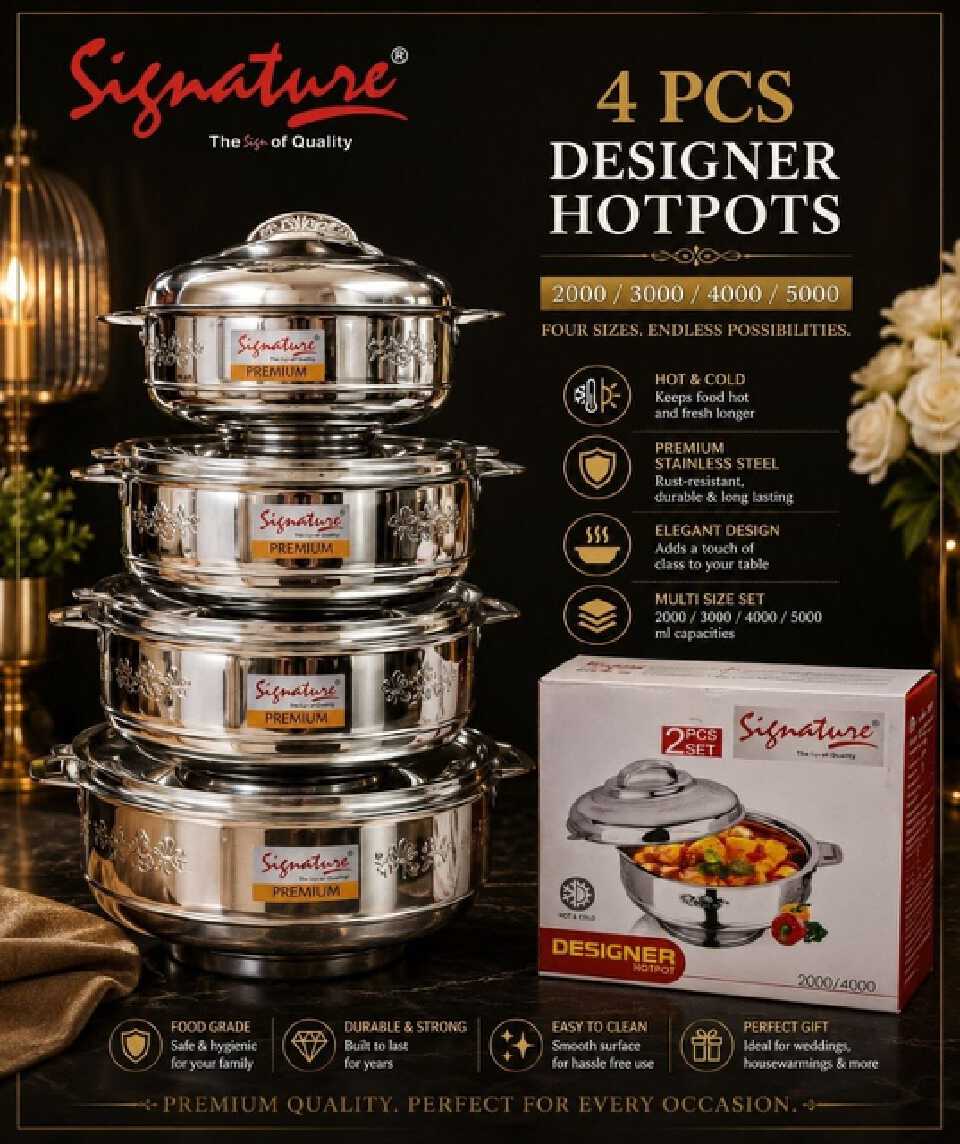 Signature Premium 4-Piece Designer Stainless Steel Insulated Hotpot Set (2000ml, 3000ml, 4000ml, 5000ml) – Thermal Food Casserole Server