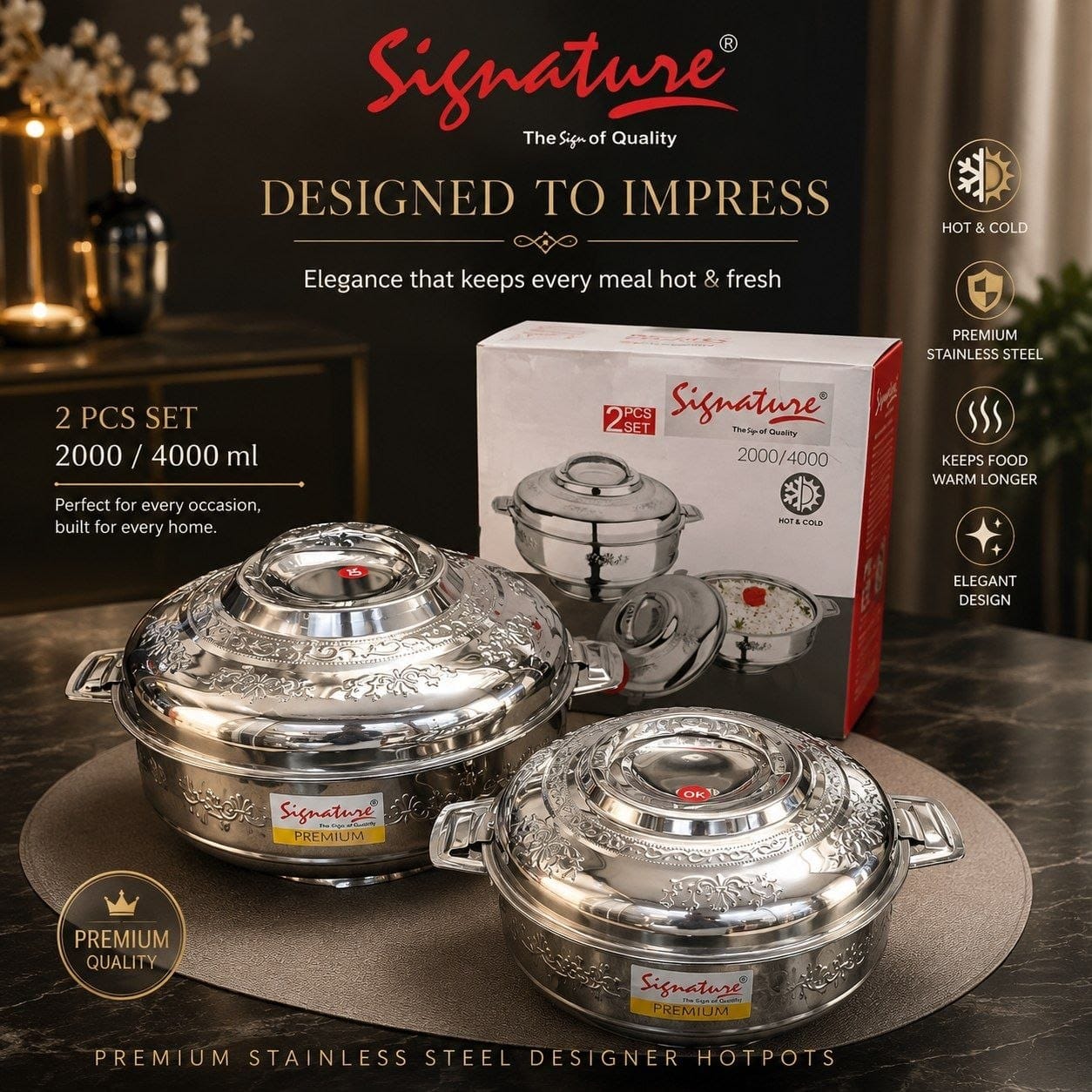Signature Premium 2-Piece Designer Stainless Steel Insulated Hotpot Set (2000ml & 4000ml) – Thermal Food Casserole
