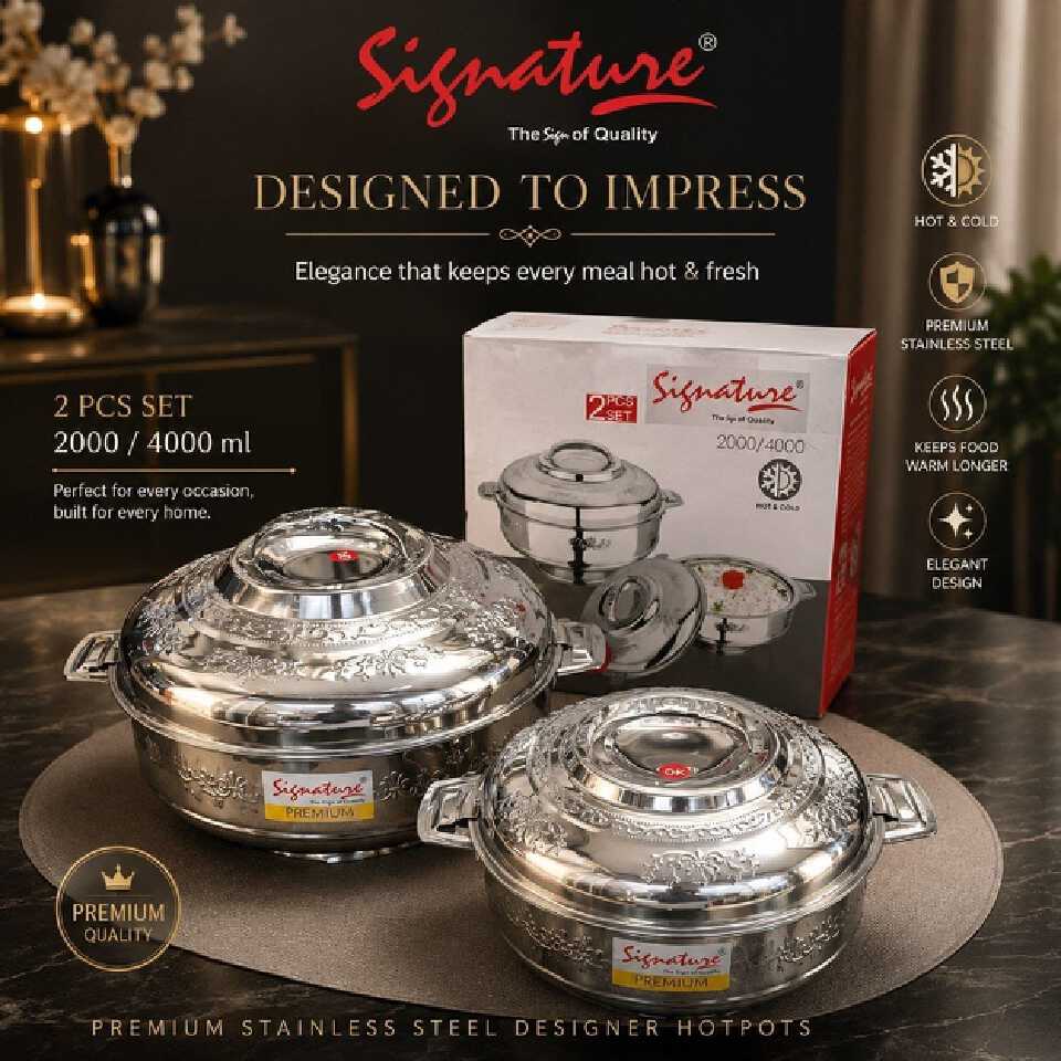 Signature Premium 2-Piece Designer Stainless Steel Insulated Hotpot Set (2000ml & 4000ml) – Thermal Food Casserole