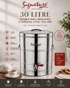 Signature 30 Litre Double Wall Insulated Stainless Steel Tea Urn – Commercial Thermal Beverage Dispenser