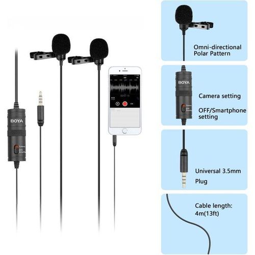 BOYA BY-M1DM Dual Lavalier Universal Microphone with a Single 1/8 Stereo Connector for Smartphones DSLR Cameras  Camcorders