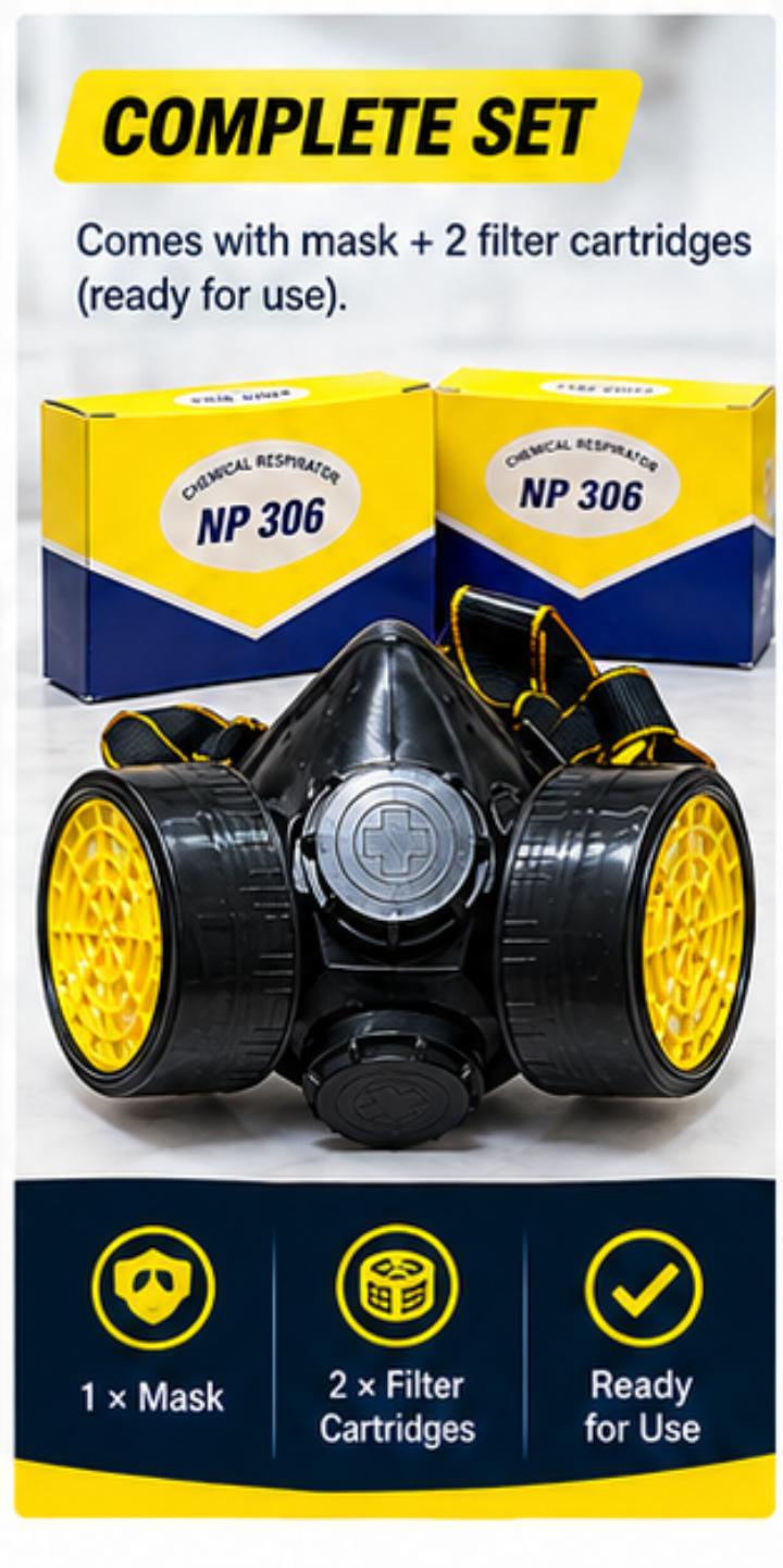 NP306 — Double Cartridge Chemical Respirator
Product NP306 Double Cartridge Chemical Respirator – Dual Filter Gas Mask for Industrial, Chemical & Agricultural Use
