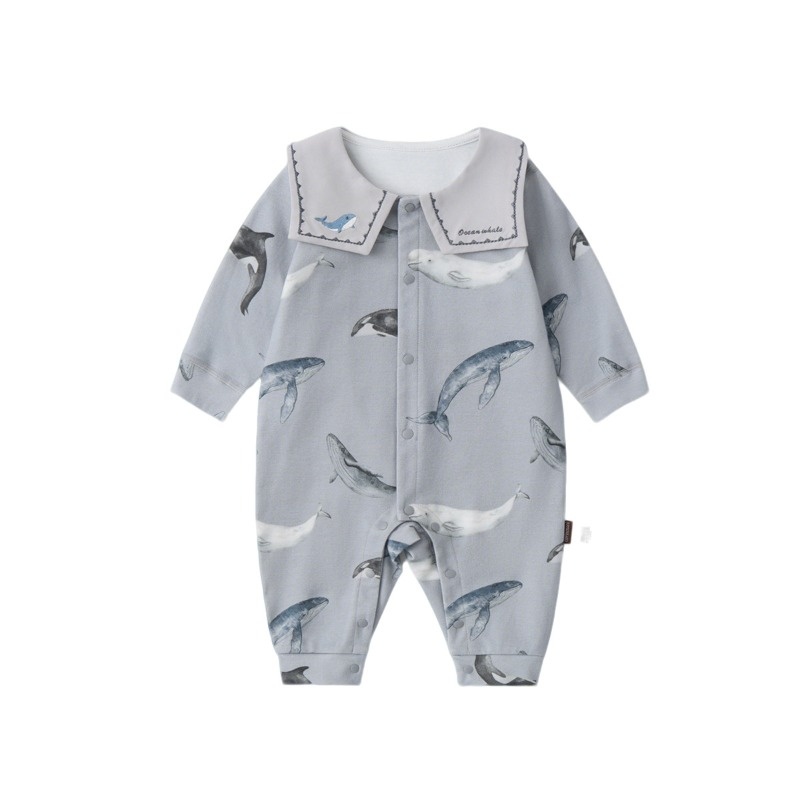 Baby Long Sleeve Romper with Ocean Whale Print & Peter Pan Collar, Spring Autumn Cotton Infant Jumpsuit, Snap Closure Newborn Bodysuit, Cute One Piece Outfit for Baby Boys Girls Daily Wear Full Moon C